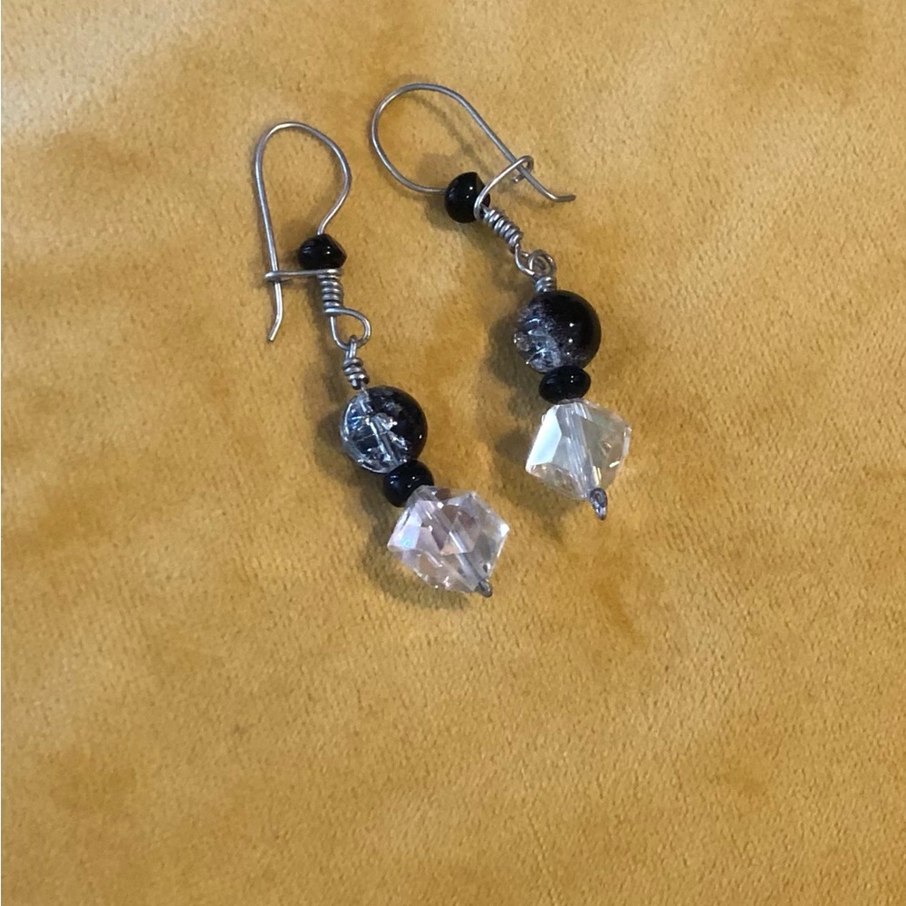 Silver Dangle Earrings with Round Crackle Beads and Faceted Clear Cube Beads